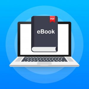 Baixar livro. e-book marketing, marketing de conteúdo, ebook download no laptop. ilustração. Vetor Premium